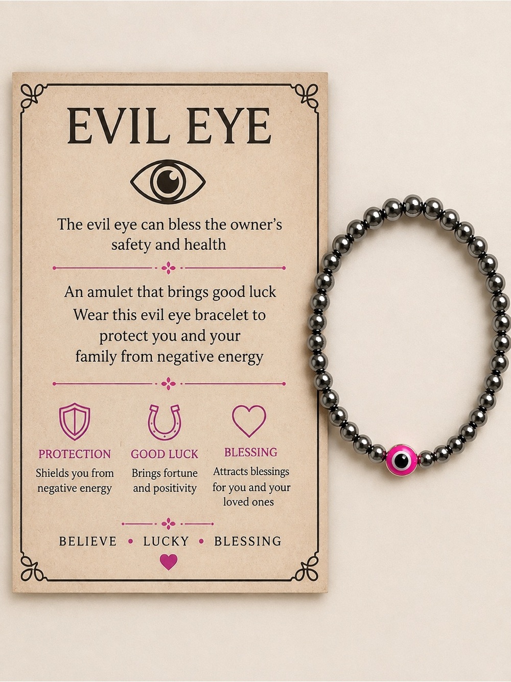 🧿💞Evil Eye Hematite Bead Bracelet with Pink Accent💞🧿 #31